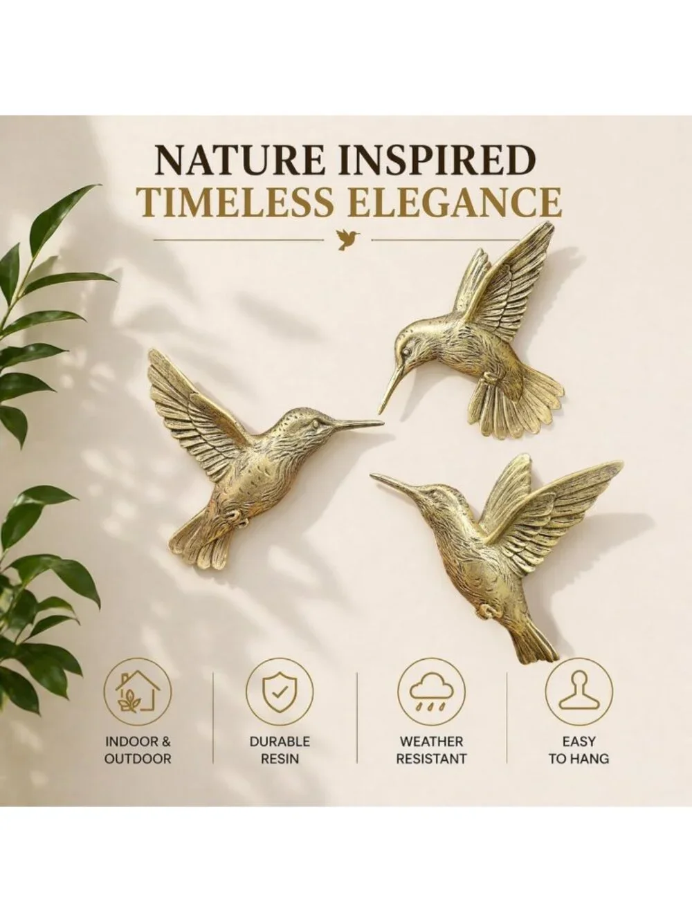 3D Hummingbird Wall Decor Set - Vintage Gold Brass Resin Birds for Living Room